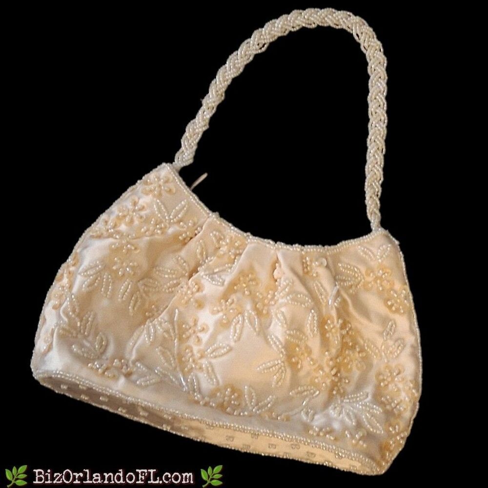 VINTAGE: La Regale Ivory Beaded Satin Evening Bag Handbag Cream Bridal TLC